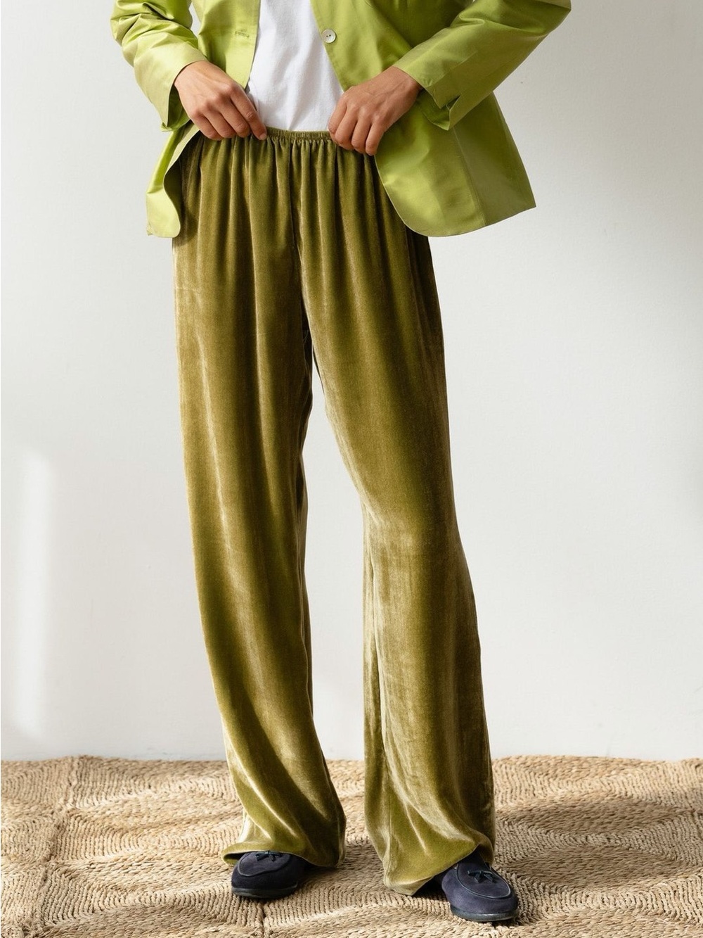 DONNI. Moss Green Velvet Wide-Leg Pull-On Pants